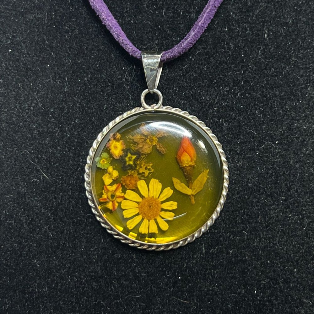 ATL Purple Cord & Sterling Silver Necklace W/ Dried Flower Pendant (4249) - Picture 2 of 8